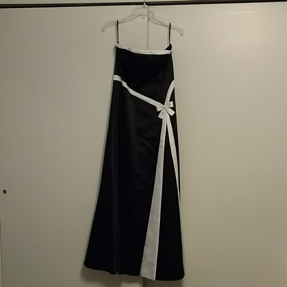 Black strapless gown.